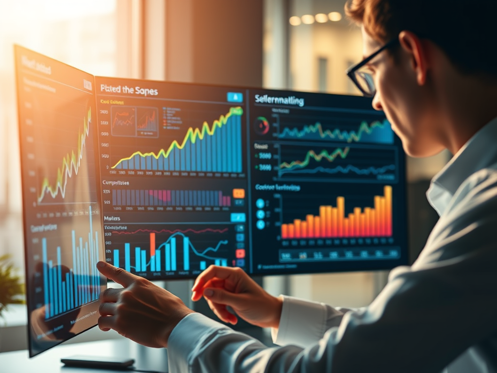 A person analyzing multiple data visualization charts on computer screens, focusing on trends and metrics.