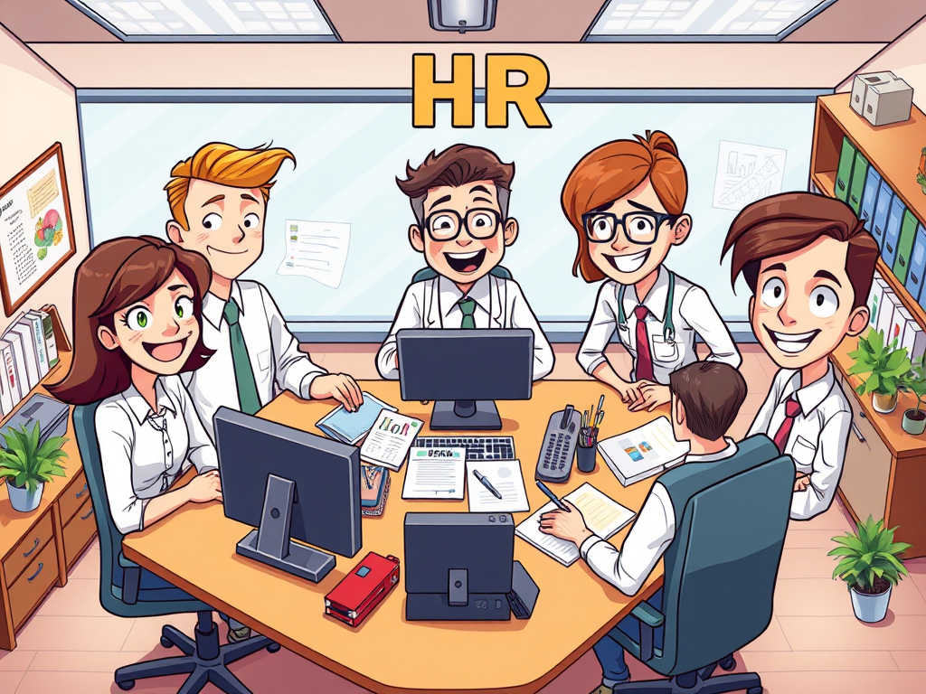Illustration of a diverse HR team in an office setting, smiling and collaborating around a conference table with computers and documents.