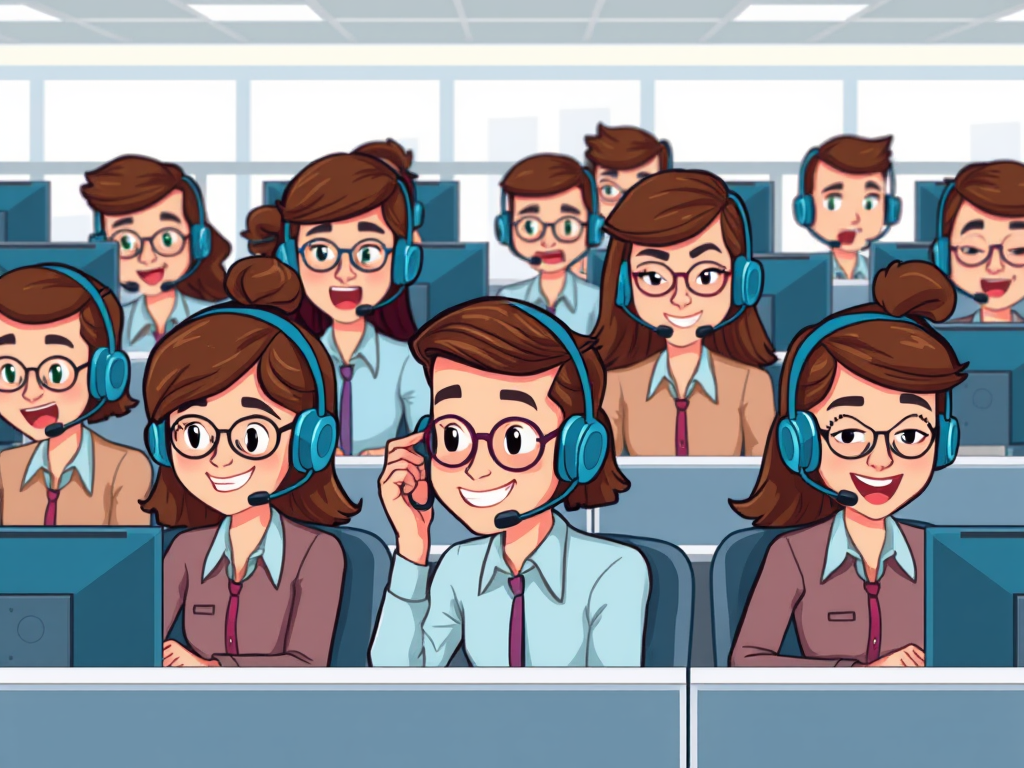 Illustration of a busy call center with multiple employees wearing headsets, smiling, and engaged in communication at their desks.