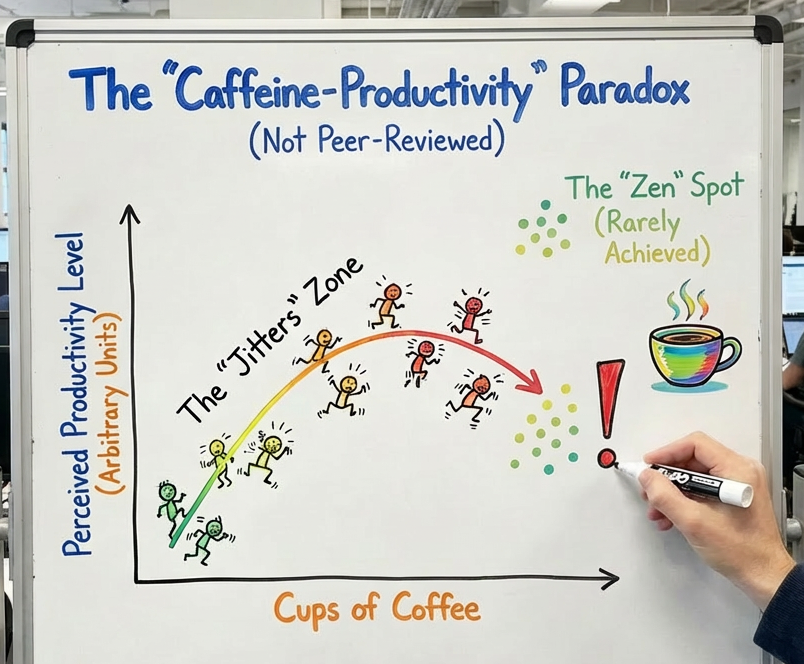 The 'Caffeine-Productivity' Paradox (Not Peer-Reviewed) graph plotting productivity against coffee cups, featuring 'The Jitters Zone' and 'Zen Spot'.